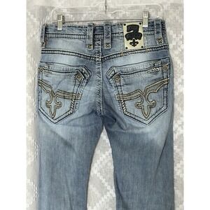 Rock Revival Mabee Slim Straight Jeans Women's 31x28 Light Wash Embroidered Y2K